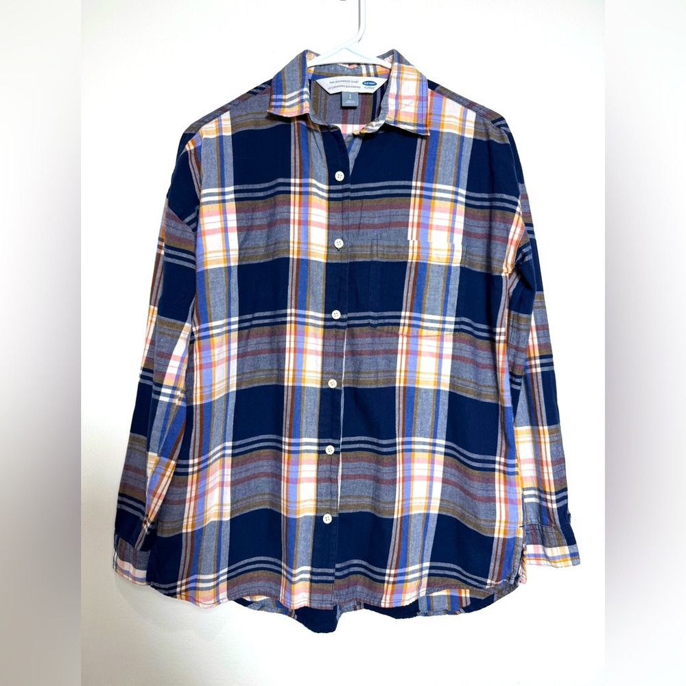 Old Navy Womens Petite Boyfriend Flannel Navy Plain 100% Cotton Shirt Size Small